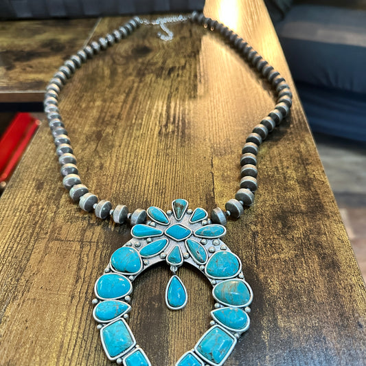 Extra Long Handmade Squash Naja Turquoise Necklace with Antique Silver Pendant