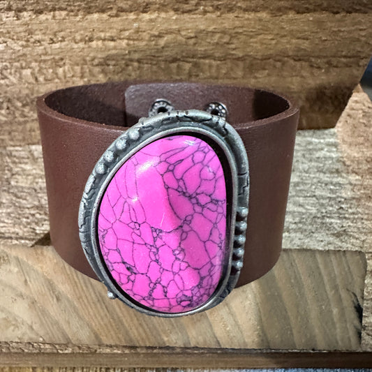 Hot Pink Stone and Dark Brown Leather Cuff Bracelet