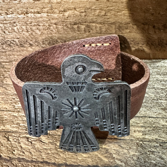Brown Leather Bracelet , Native American Thunderbird,  Western Style