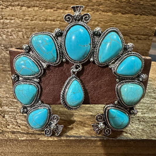 Brown Leather Bracelet with Large Blue Turquoise Blossom Design