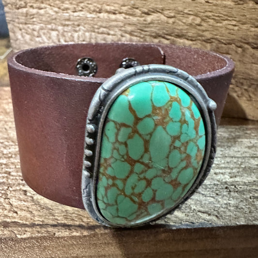 Natural Green Stone Dark Brown Leather Cuff Bracelet, Leather Accessories
