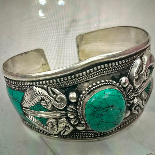 German Silver Bangle with Vibrant Blue Turquoise Natural Stone