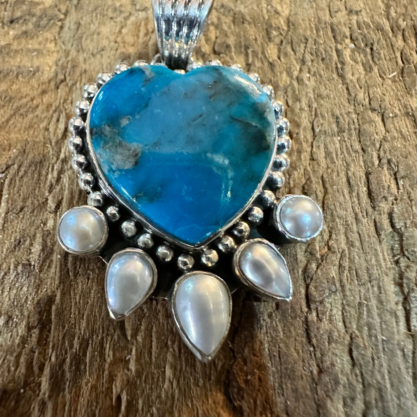 Kingman Turquoise and Pearl Sterling Silver Heart Pendant