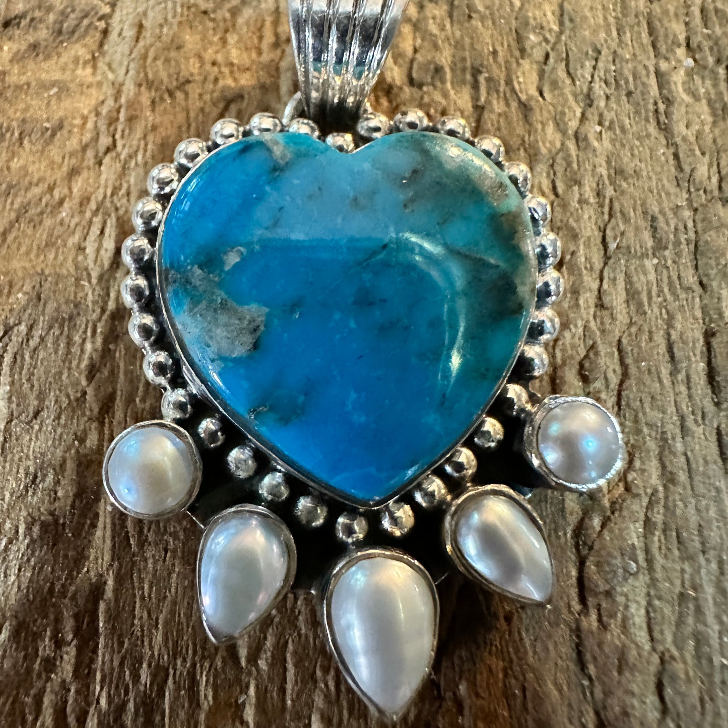 Kingman Turquoise and Pearl Sterling Silver Heart Pendant