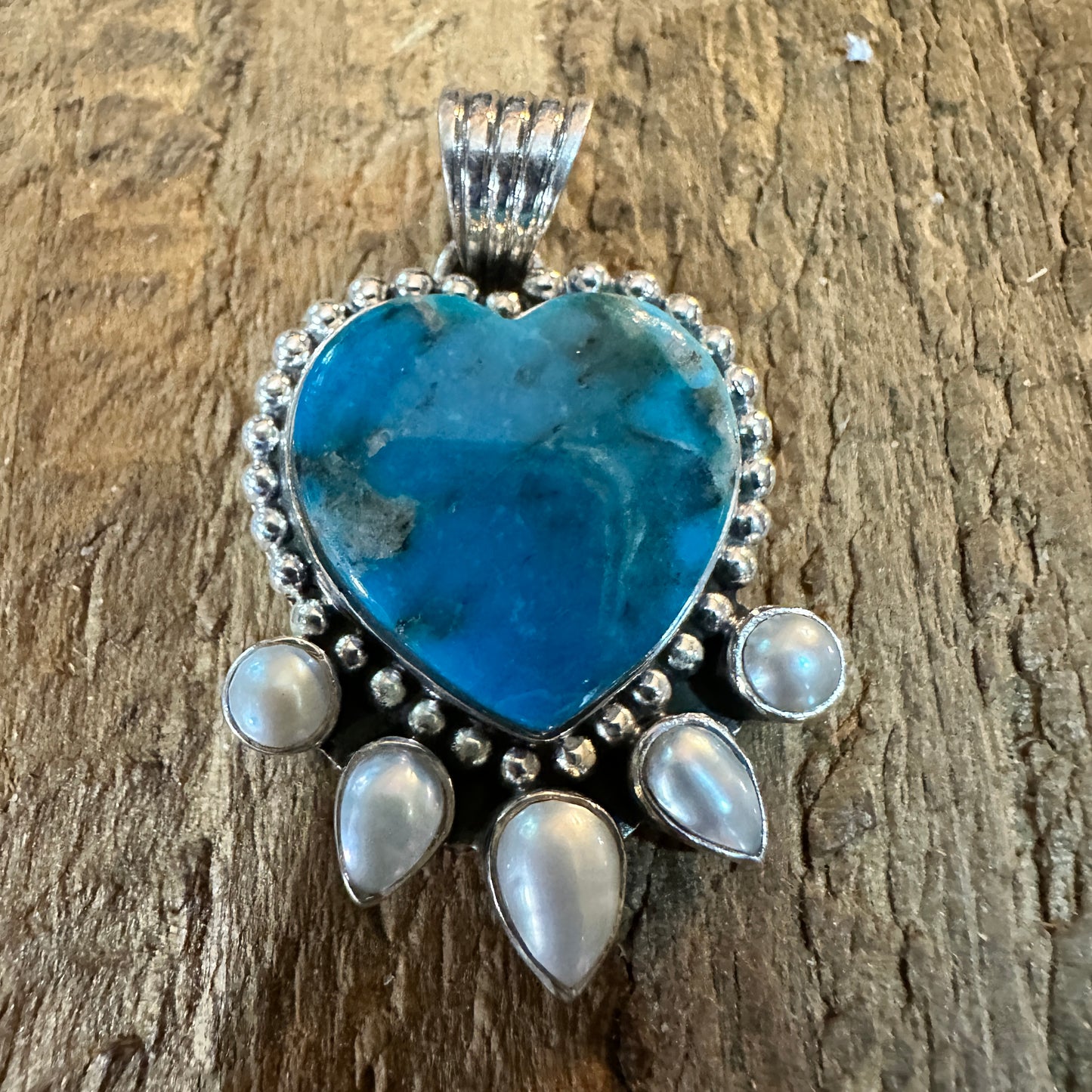 Kingman Turquoise and Pearl Sterling Silver Heart Pendant