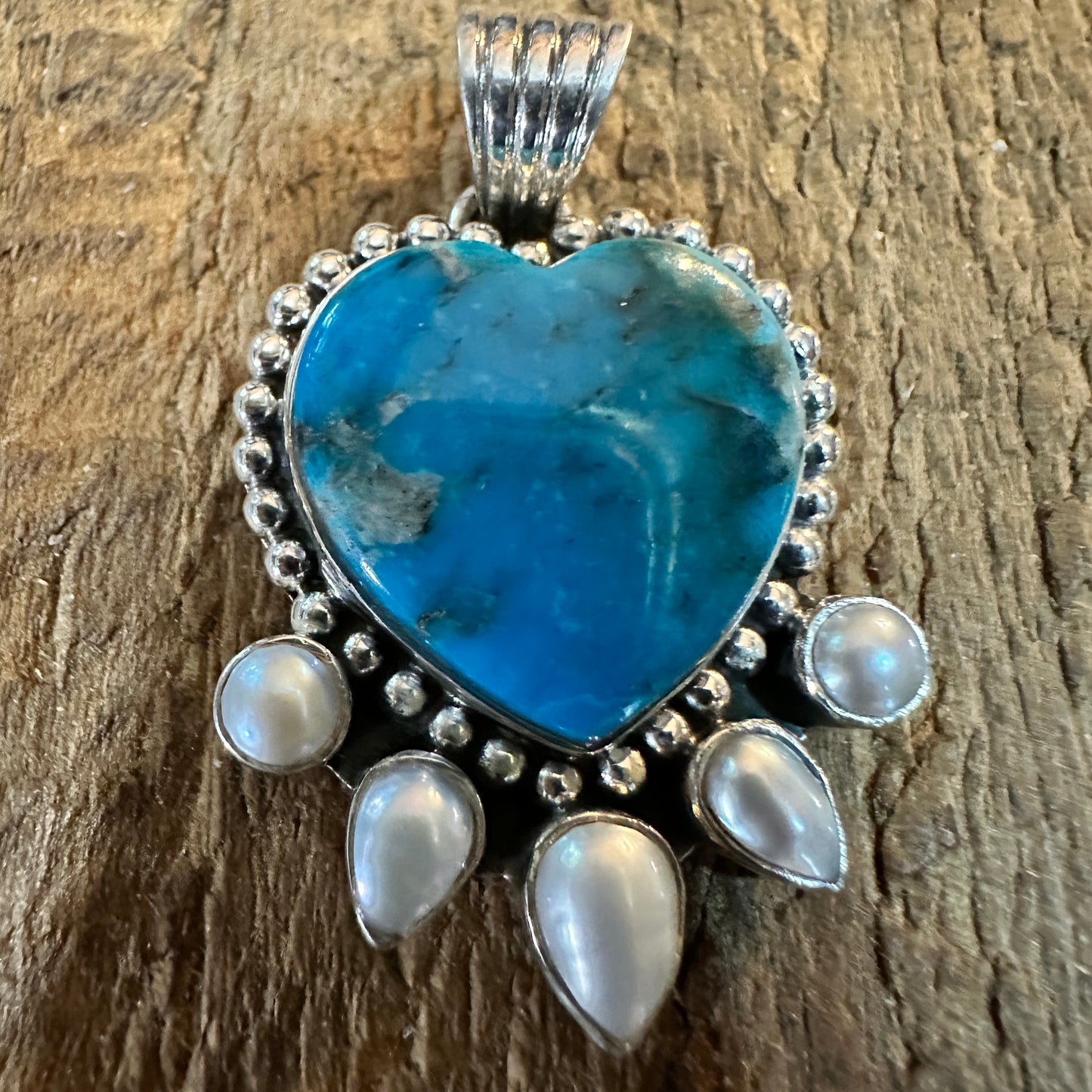Kingman Turquoise and Pearl Sterling Silver Heart Pendant
