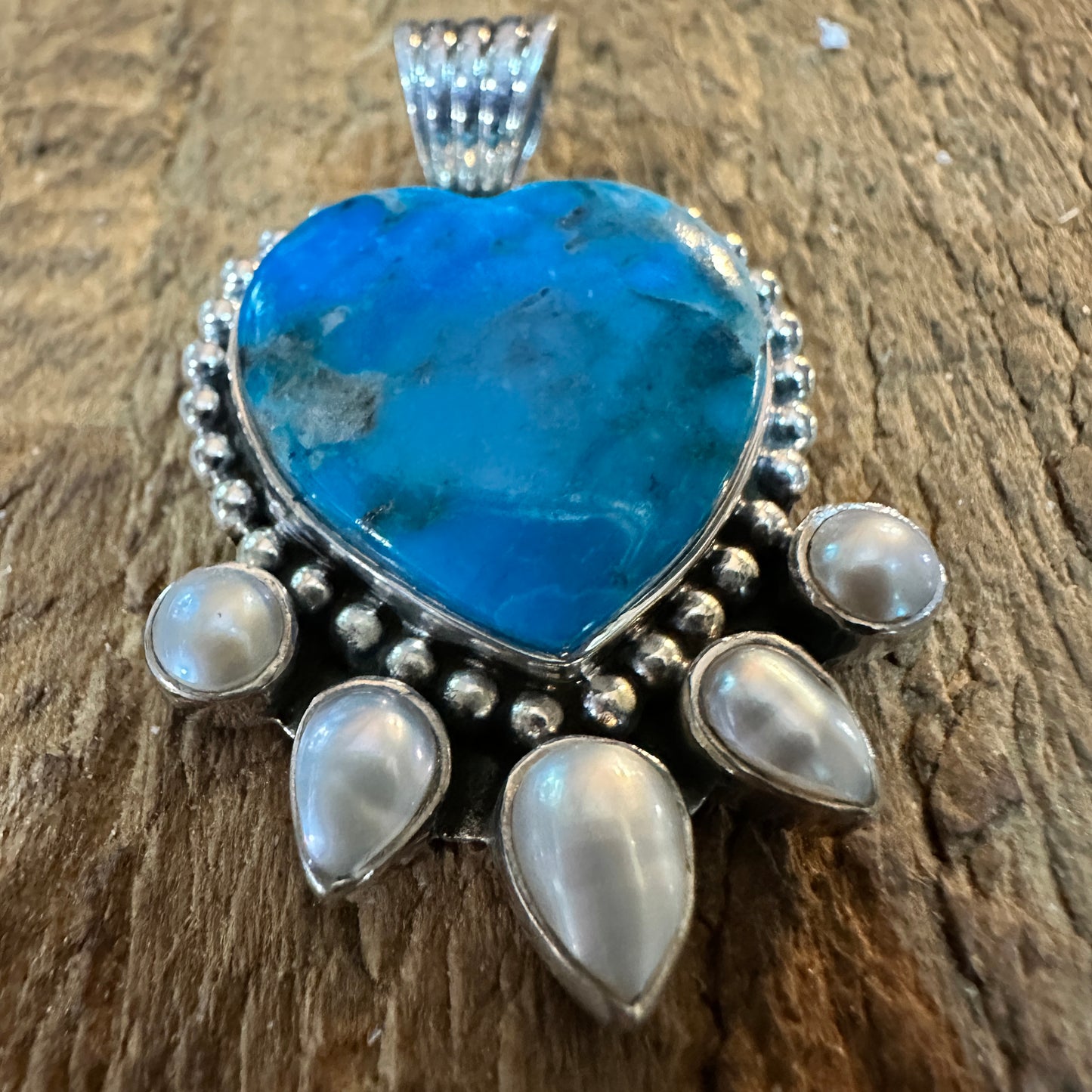 Kingman Turquoise and Pearl Sterling Silver Heart Pendant