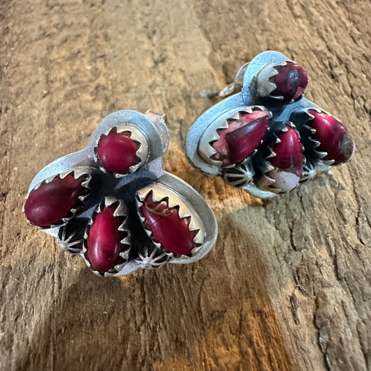 Handmade Pink Dahlia Cluster Stone Stud Earrings, 925 Sterling Silver Signed