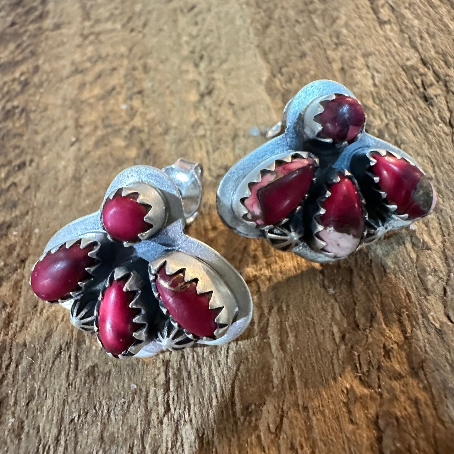 Handmade Pink Dahlia Cluster Stone Stud Earrings, 925 Sterling Silver Signed