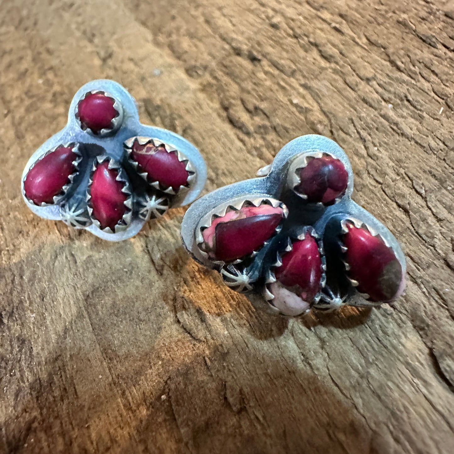 Handmade Pink Dahlia Cluster Stone Stud Earrings, 925 Sterling Silver Signed