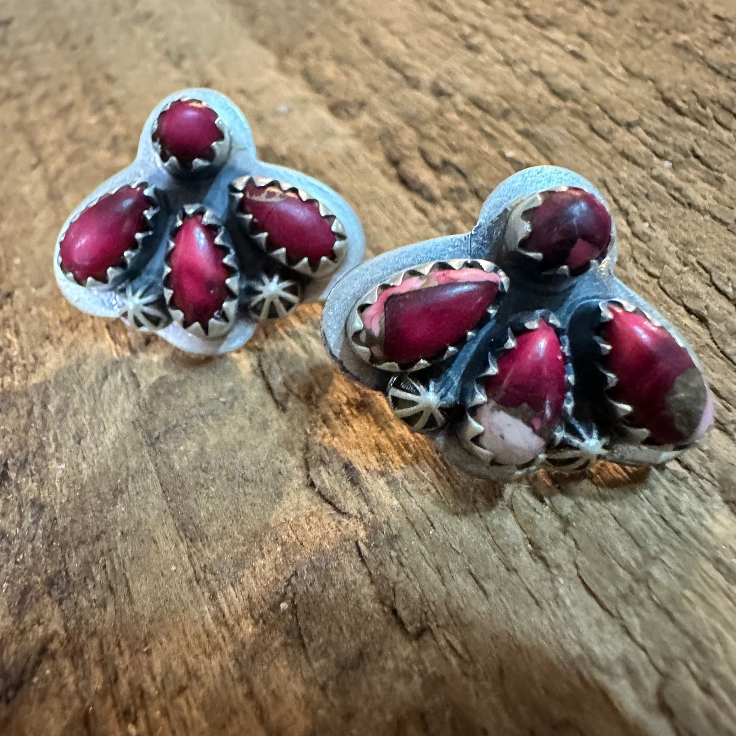 Handmade Pink Dahlia Cluster Stone Stud Earrings, 925 Sterling Silver Signed