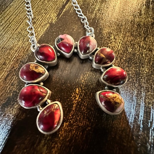 Handmade Red Rose Dahlia Squash Necklace, 925 Sterling Silver Signed