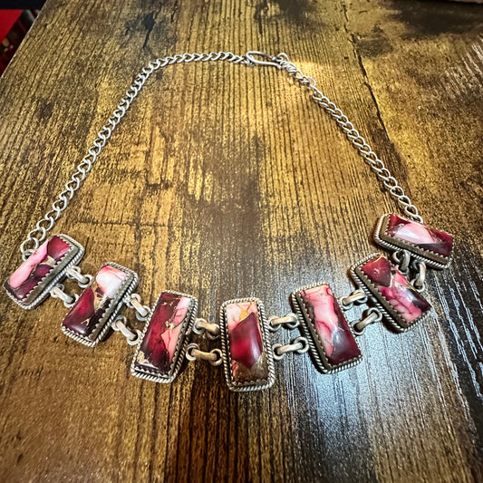 Red Rose Dahlia Choker Necklace, Handmade, Sterling Silver Signed