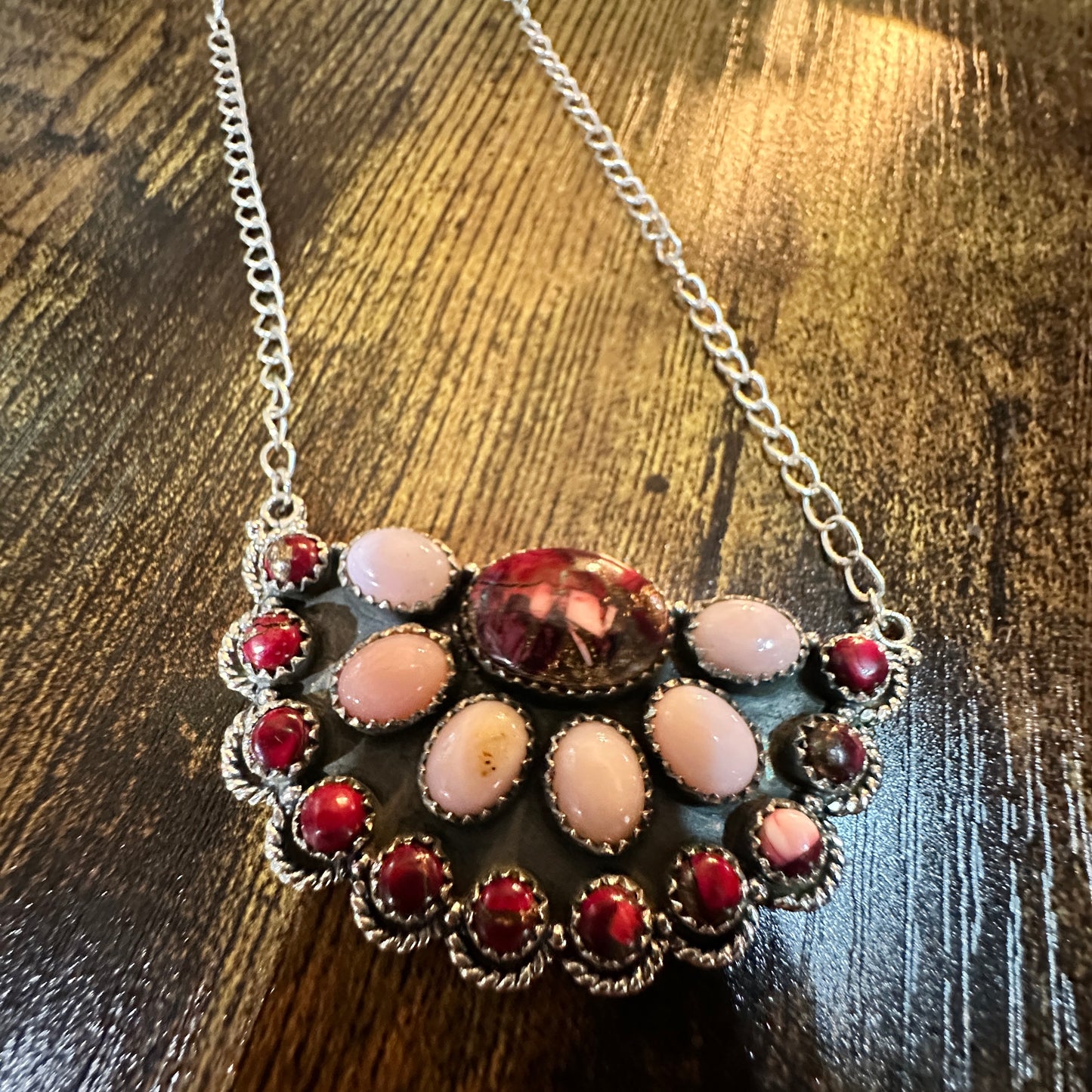 Handmade Red Rose Dahlia Pink Opal Necklace , Sterling Silver, Signed