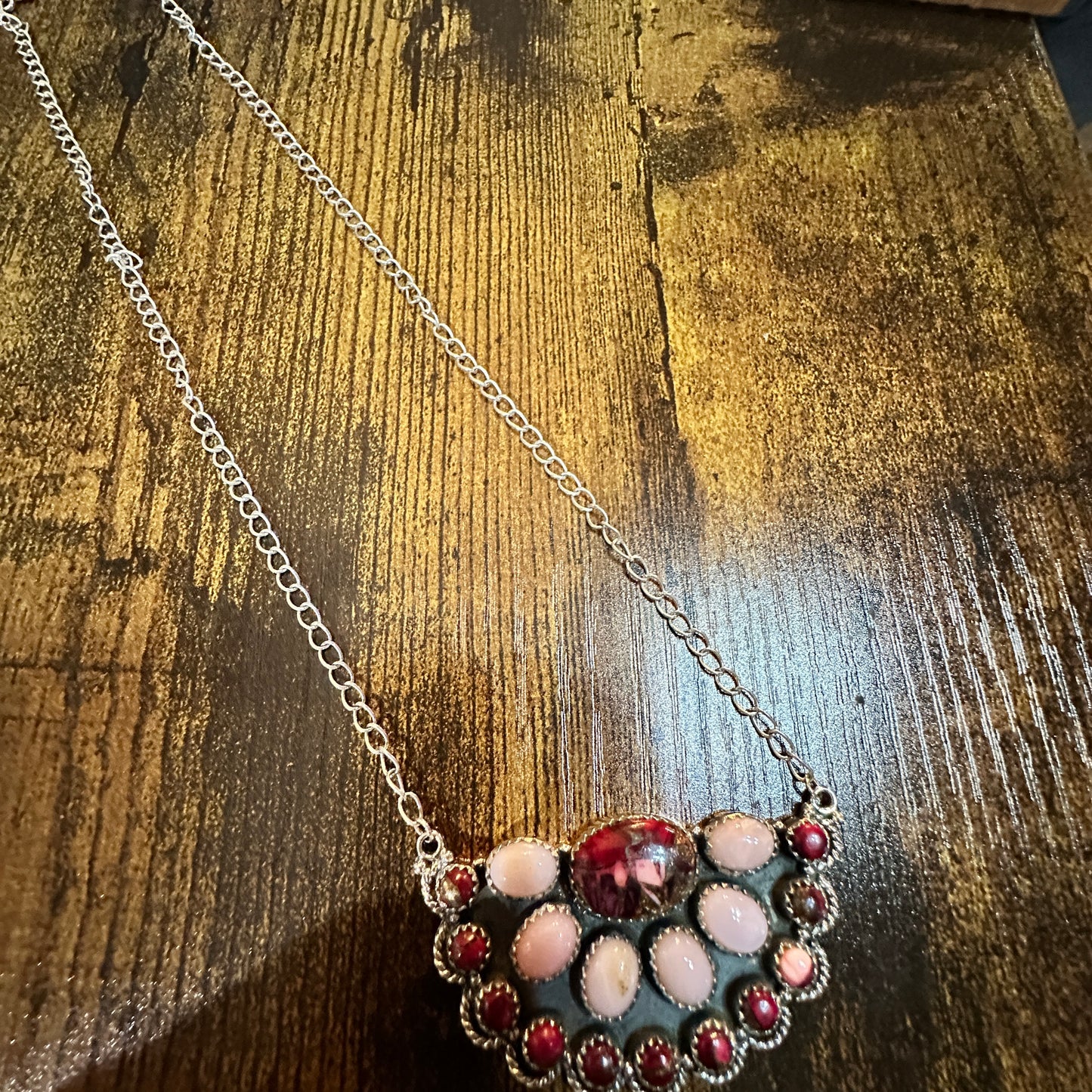 Handmade Red Rose Dahlia Pink Opal Necklace , Sterling Silver, Signed