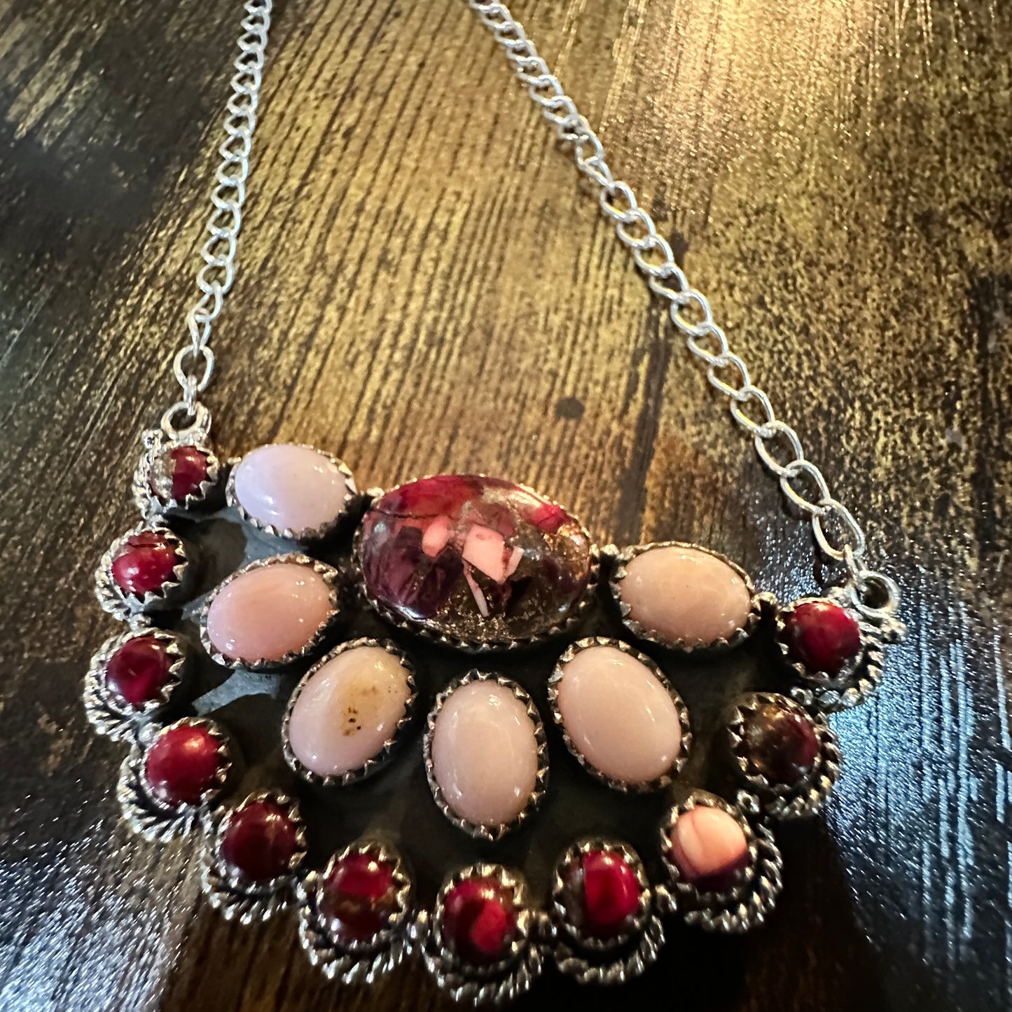 Handmade Red Rose Dahlia Pink Opal Necklace , Sterling Silver, Signed