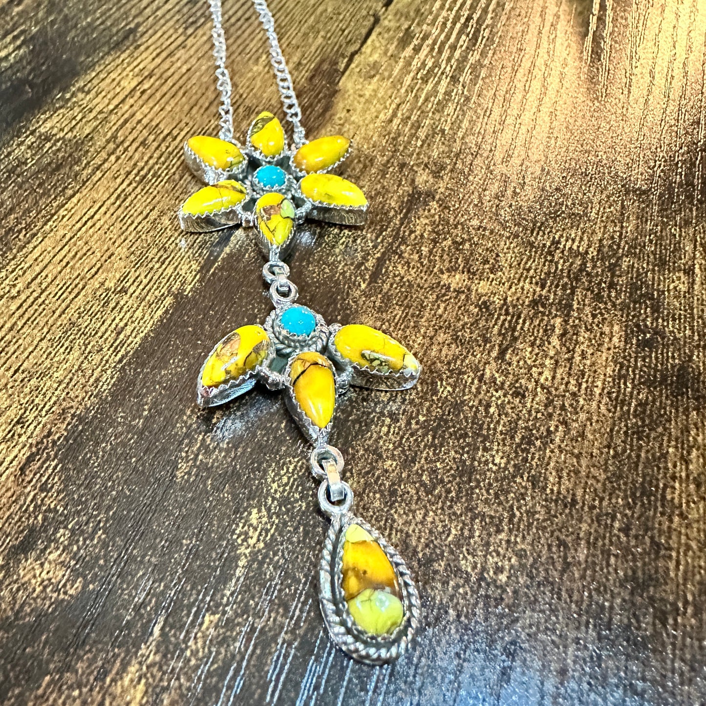 Handmade Honey Dahlia Necklace With Kingman Turquoise 925 Sterling Silver