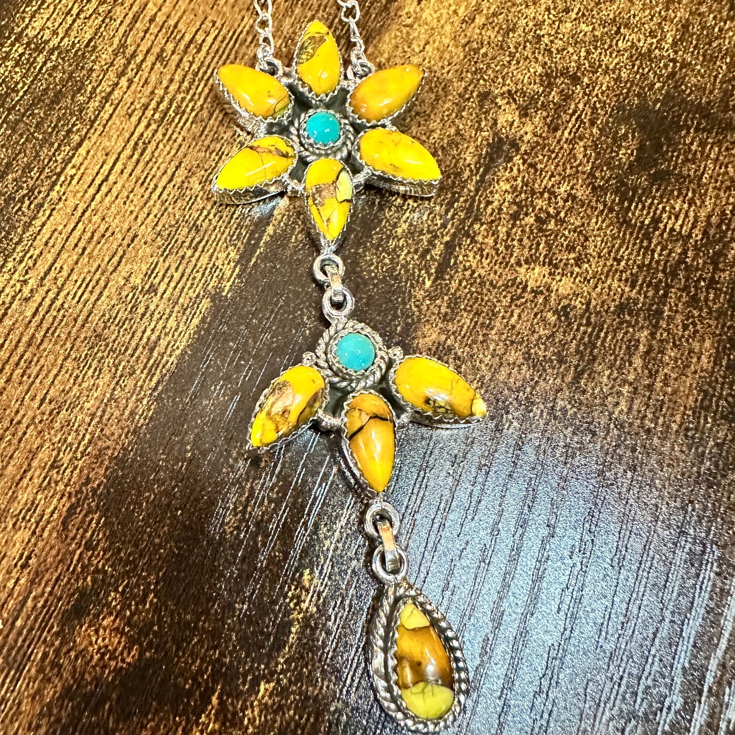 Handmade Honey Dahlia Necklace With Kingman Turquoise 925 Sterling Silver