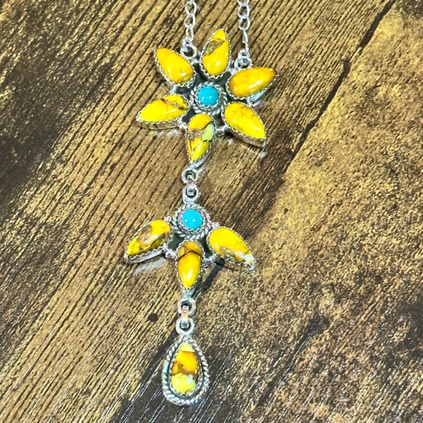 Handmade Honey Dahlia Necklace With Kingman Turquoise 925 Sterling Silver