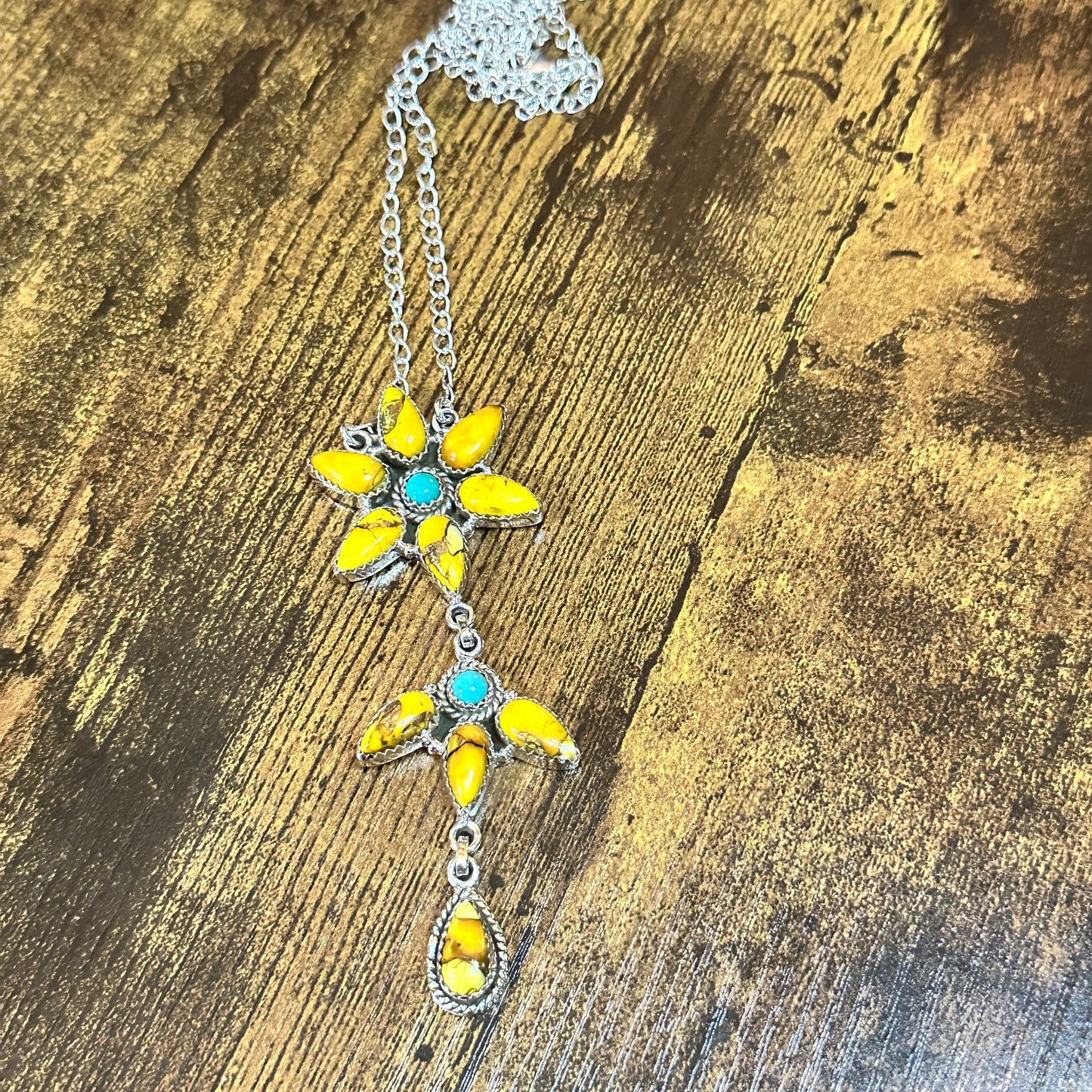 Handmade Honey Dahlia Necklace With Kingman Turquoise 925 Sterling Silver