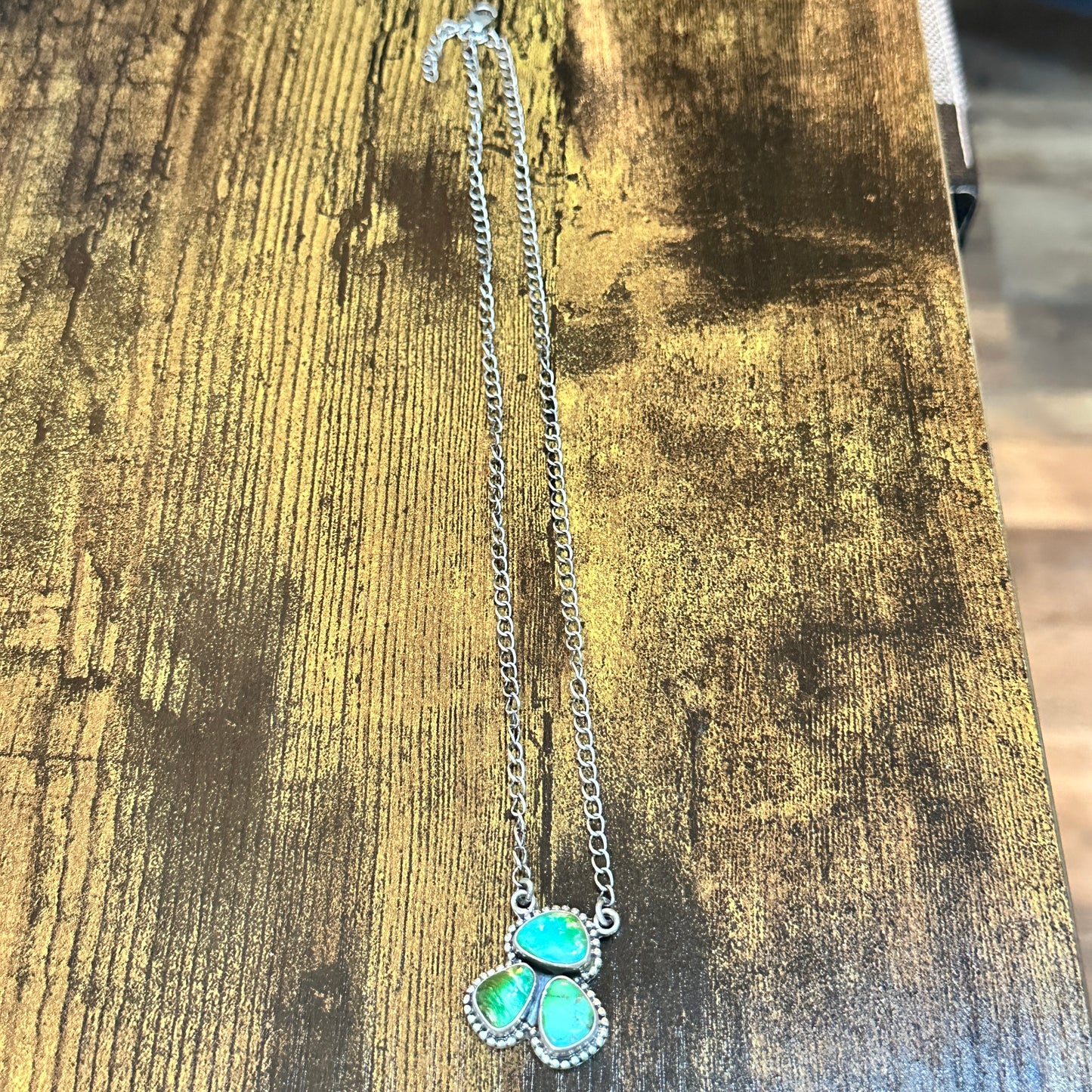 Navajo Kingman Turquoise Cluster Necklace 17 Inch Sterling Silver Signed