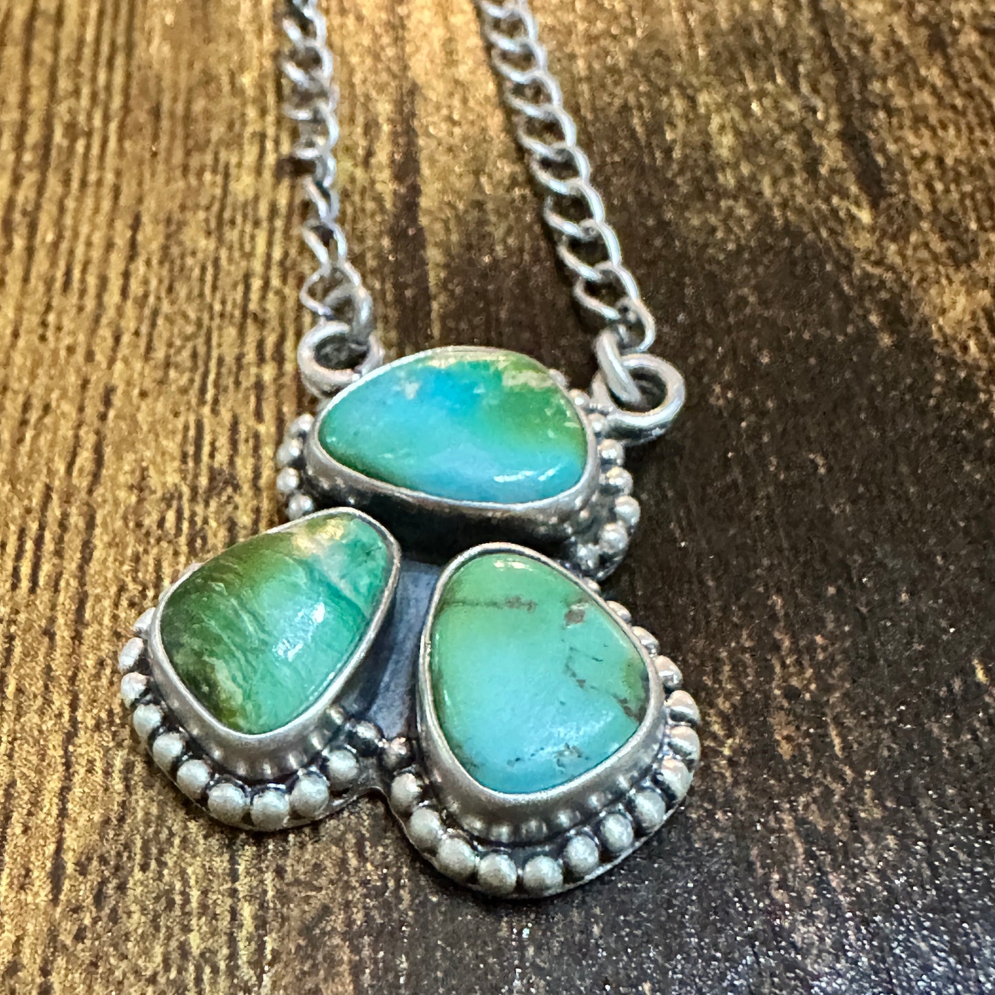 Navajo Kingman Turquoise Cluster Necklace 17 Inch Sterling Silver Signed