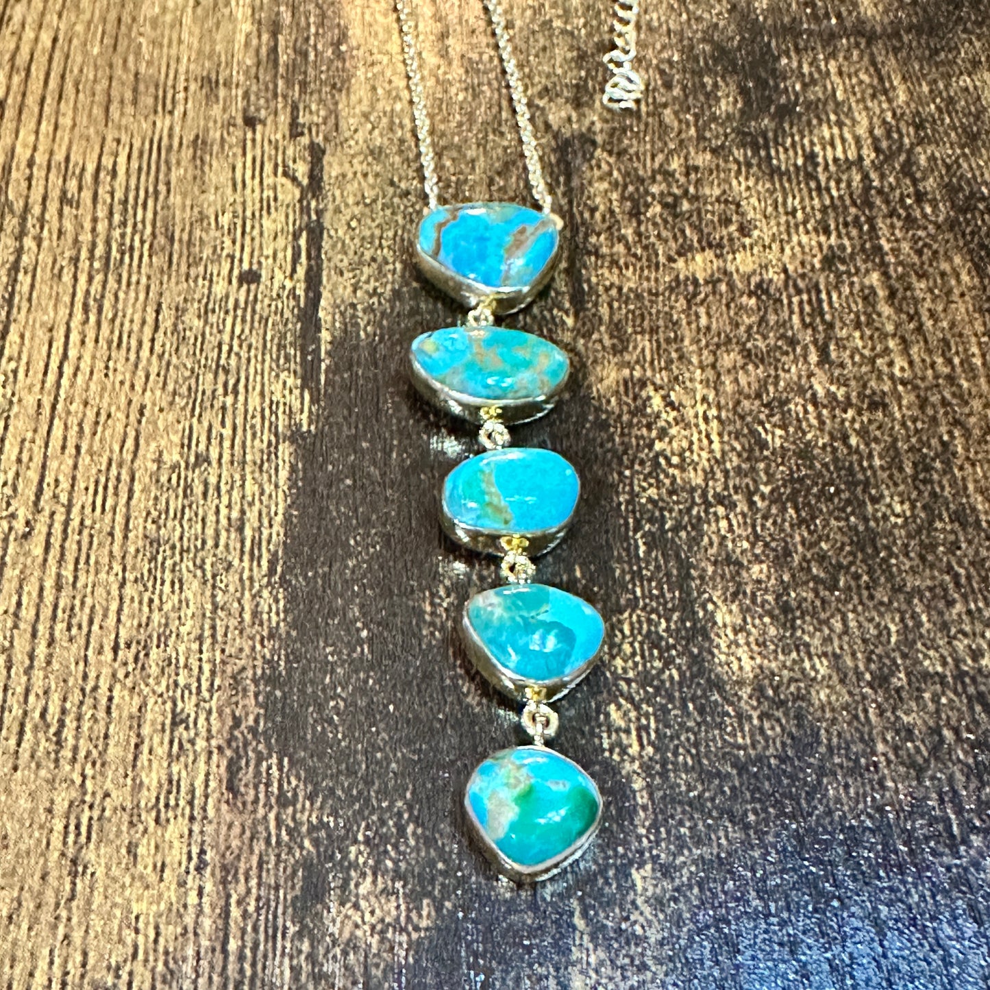 Handmade Kingman Turquoise 5 Stone Drop Necklace Gold Plated