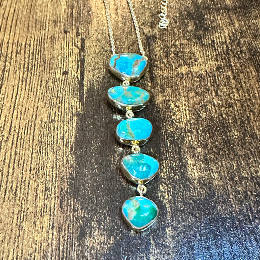 Handmade Kingman Turquoise 5 Stone Drop Necklace Gold Plated