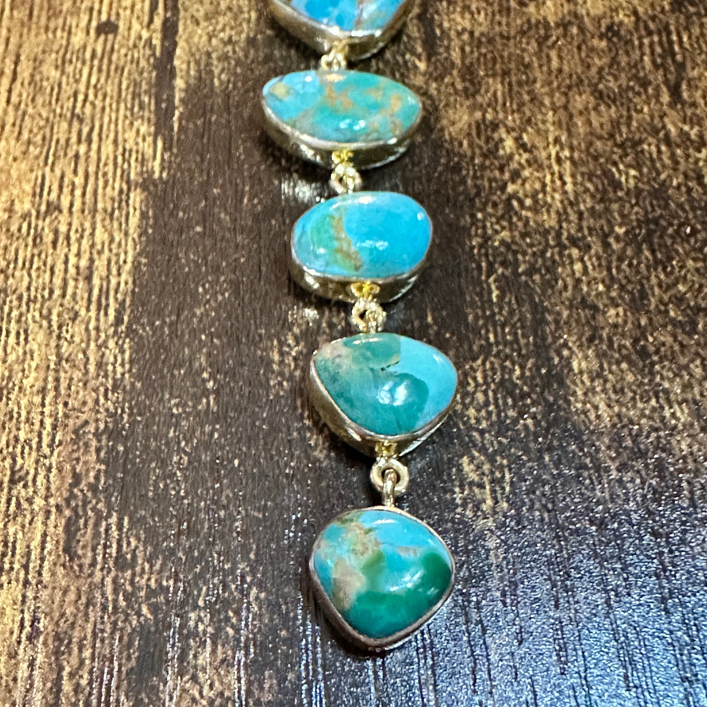 Handmade Kingman Turquoise 5 Stone Drop Necklace Gold Plated