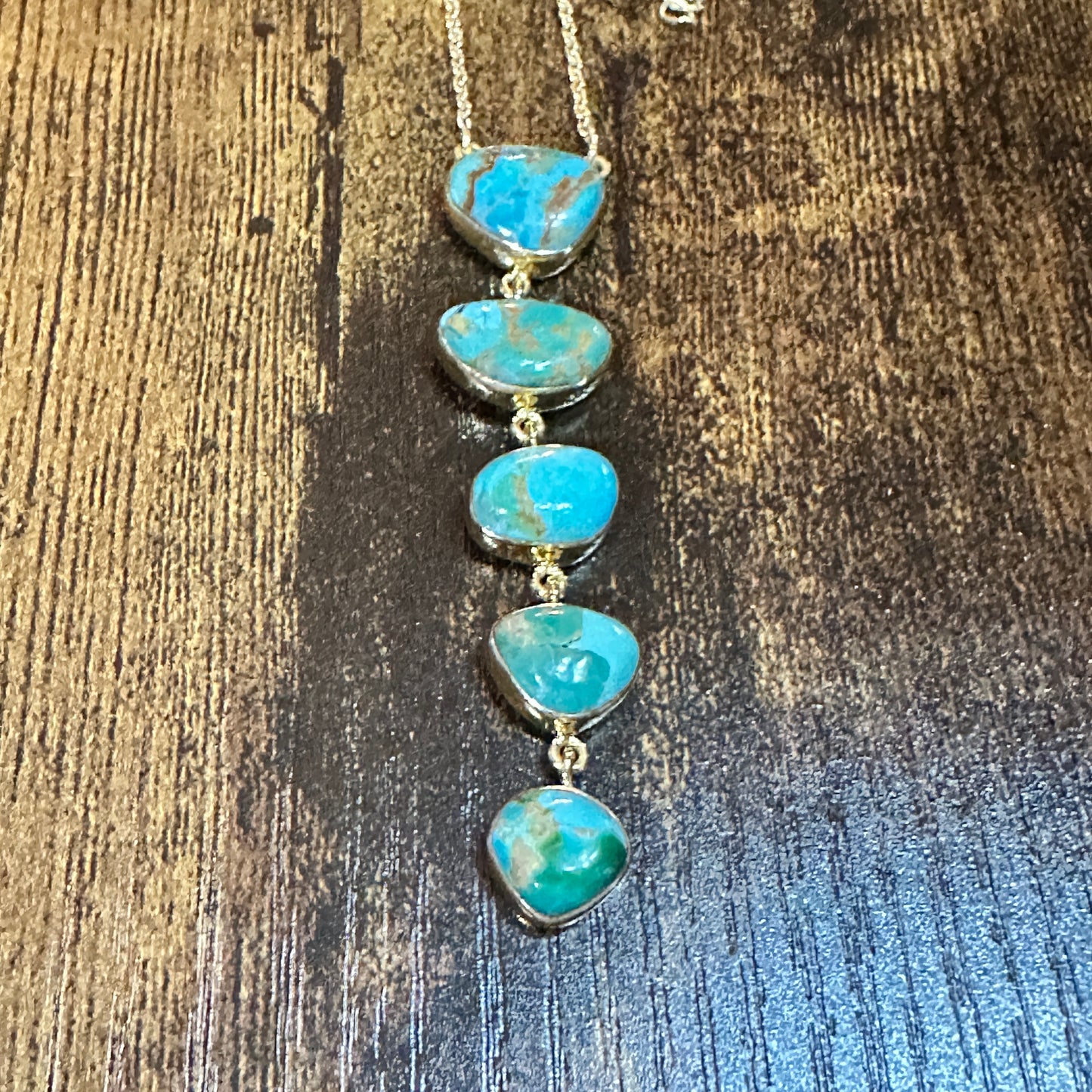 Handmade Kingman Turquoise 5 Stone Drop Necklace Gold Plated