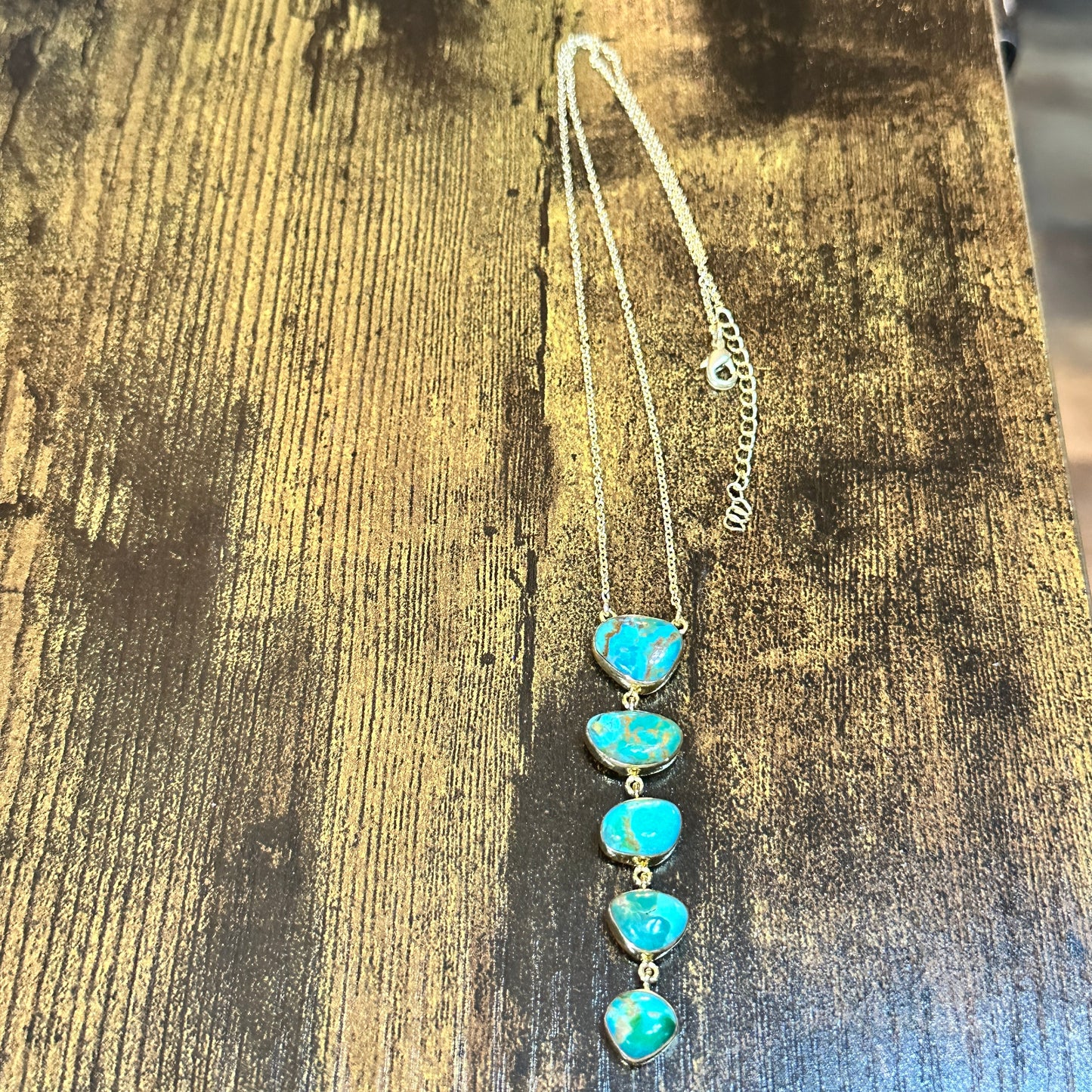 Handmade Kingman Turquoise 5 Stone Drop Necklace Gold Plated