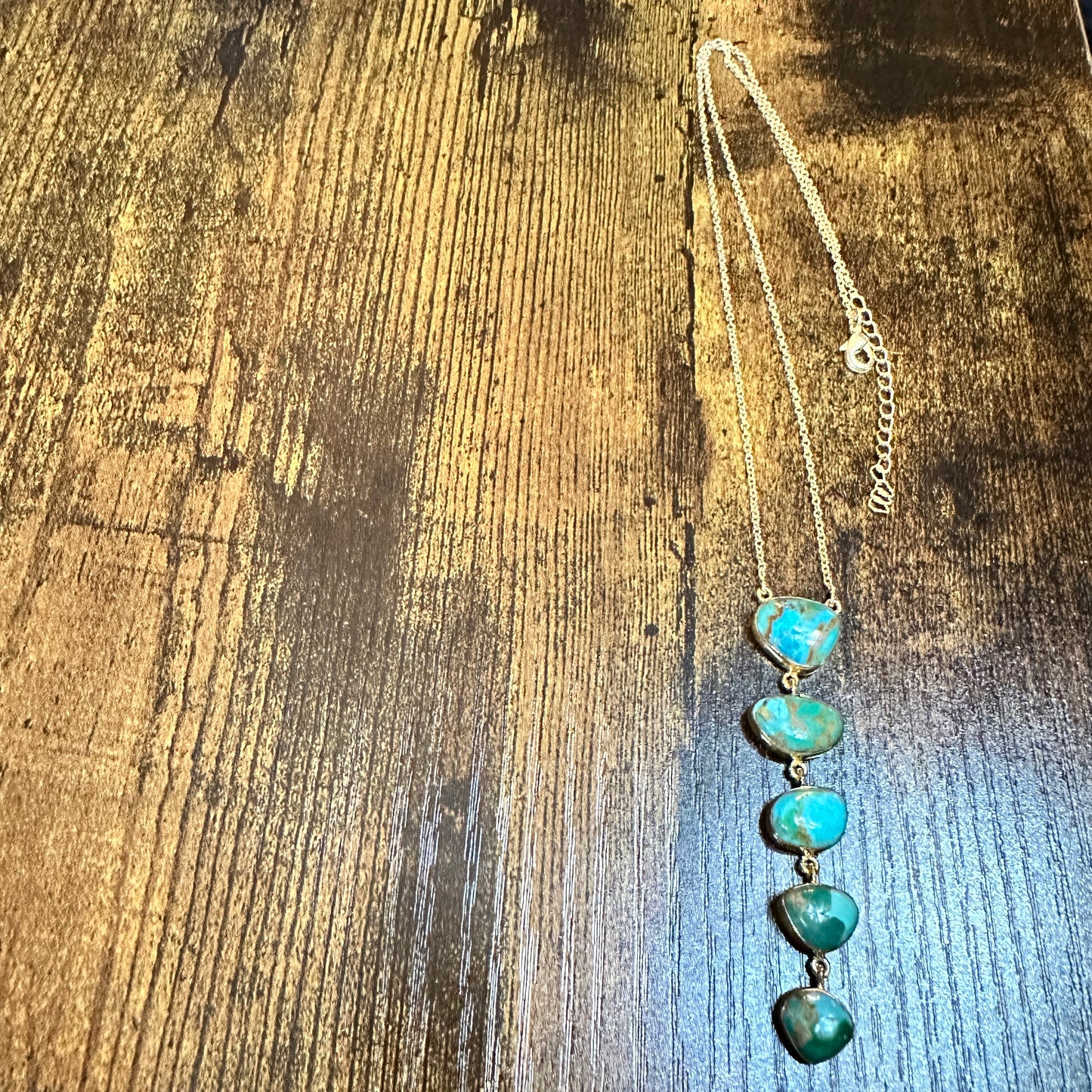 Handmade Kingman Turquoise 5 Stone Drop Necklace Gold Plated