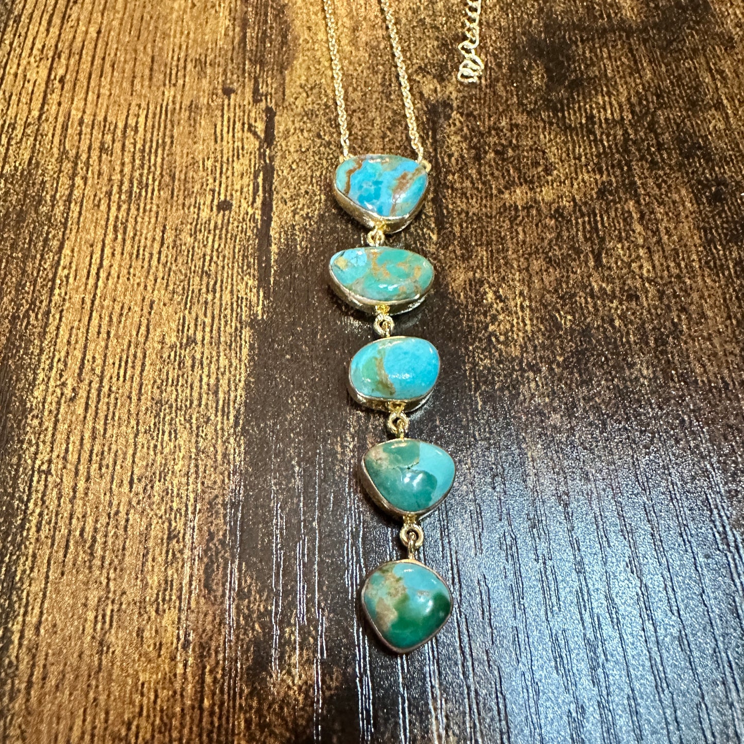 Handmade Kingman Turquoise 5 Stone Drop Necklace Gold Plated