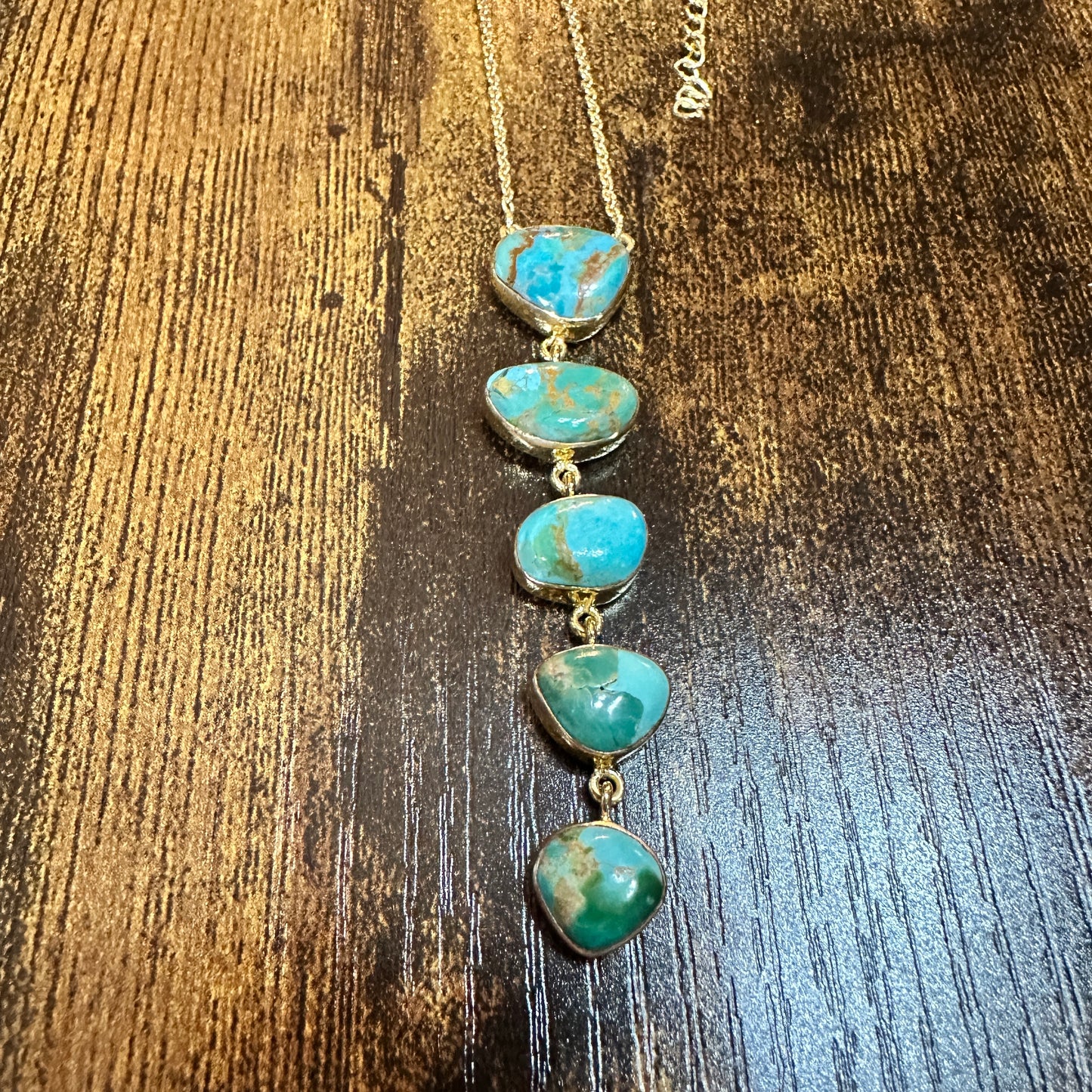 Handmade Kingman Turquoise 5 Stone Drop Necklace Gold Plated