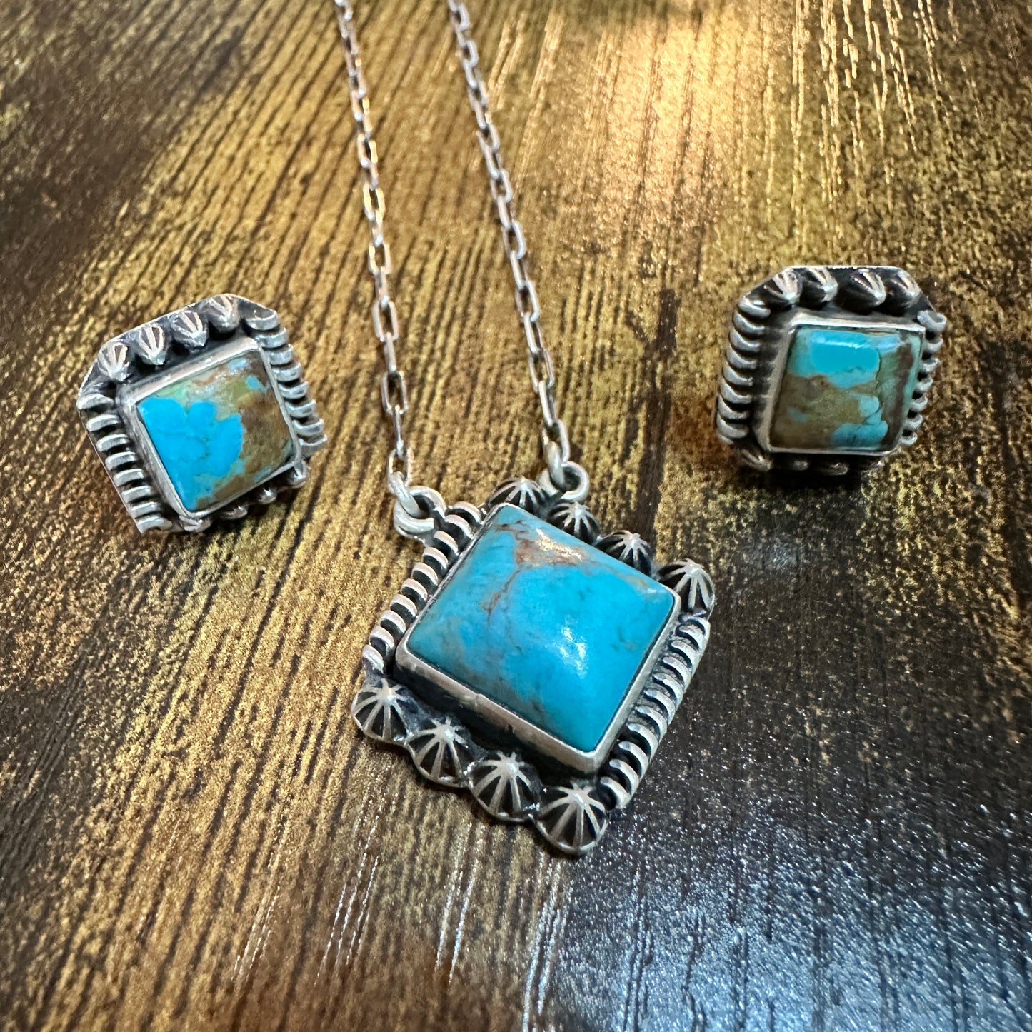 Kingman Turquoise Necklace and Stud Earrings Set, 925 Sterling Silver, Signed