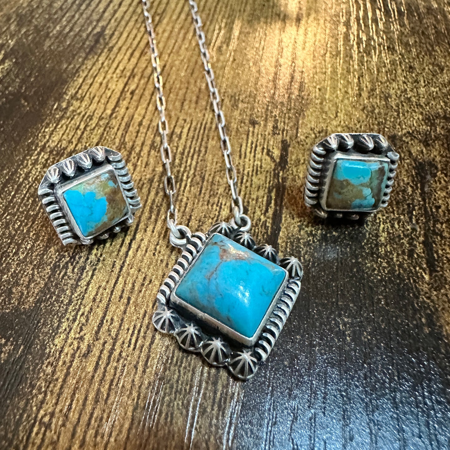 Kingman Turquoise Necklace and Stud Earrings Set, 925 Sterling Silver, Signed