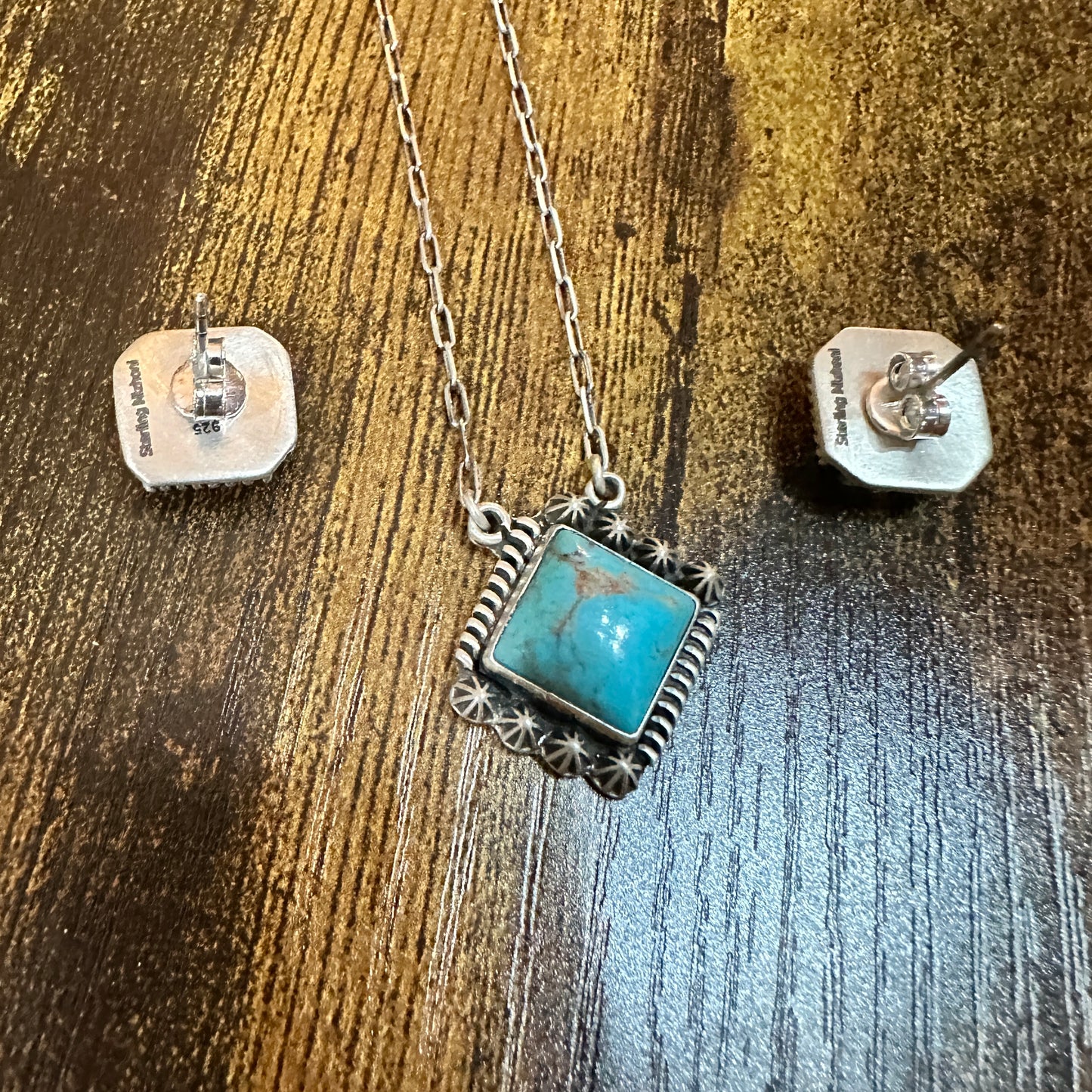 Kingman Turquoise Necklace and Stud Earrings Set, 925 Sterling Silver, Signed