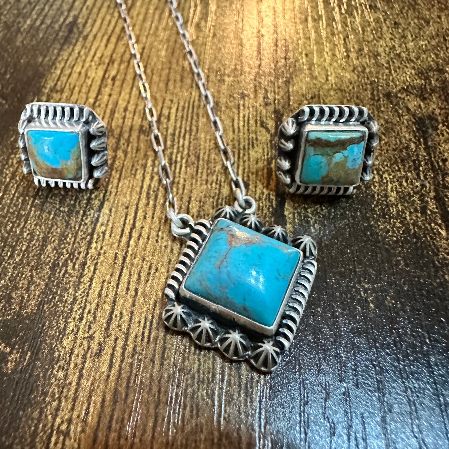 Kingman Turquoise Necklace and Stud Earrings Set, 925 Sterling Silver, Signed
