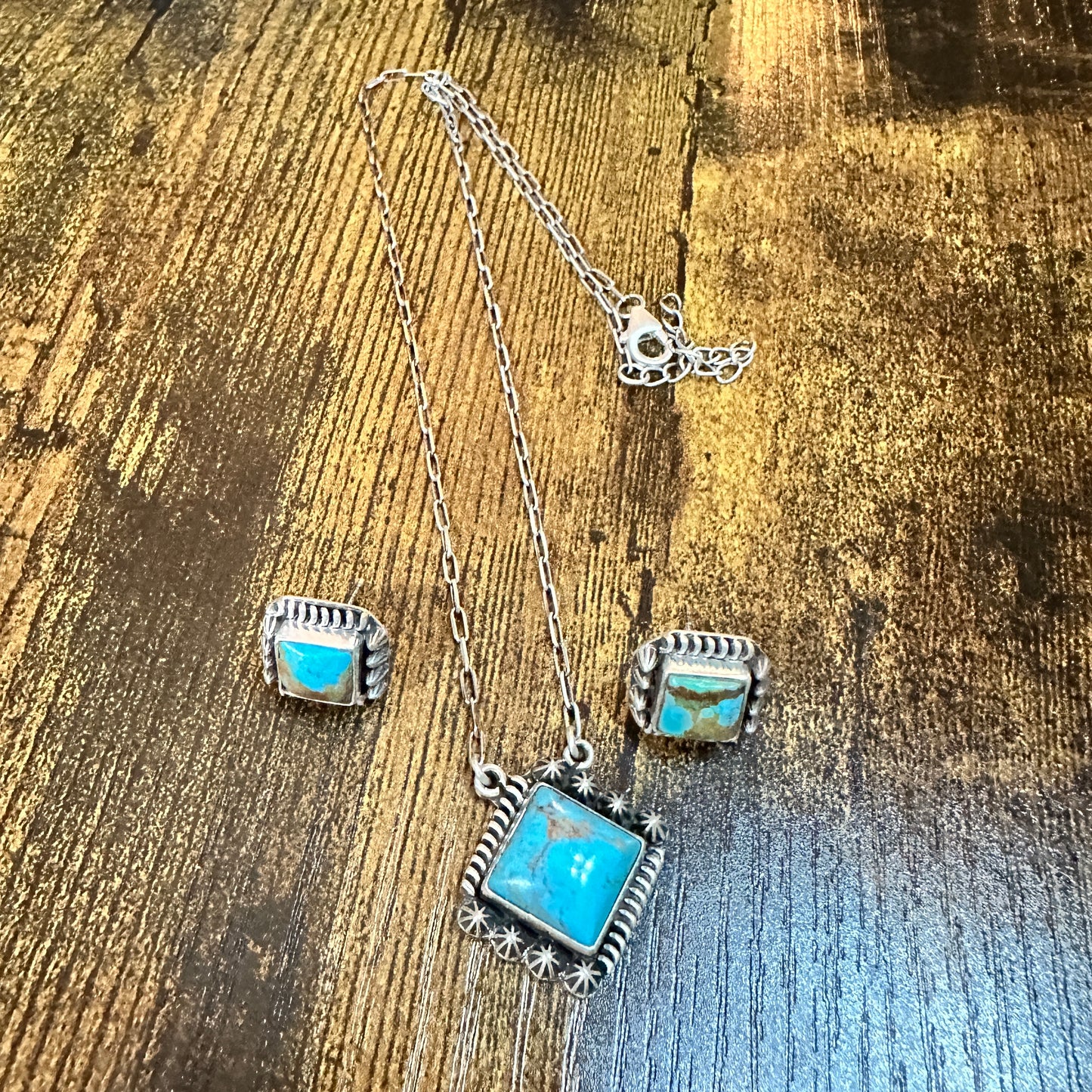Kingman Turquoise Necklace and Stud Earrings Set, 925 Sterling Silver, Signed