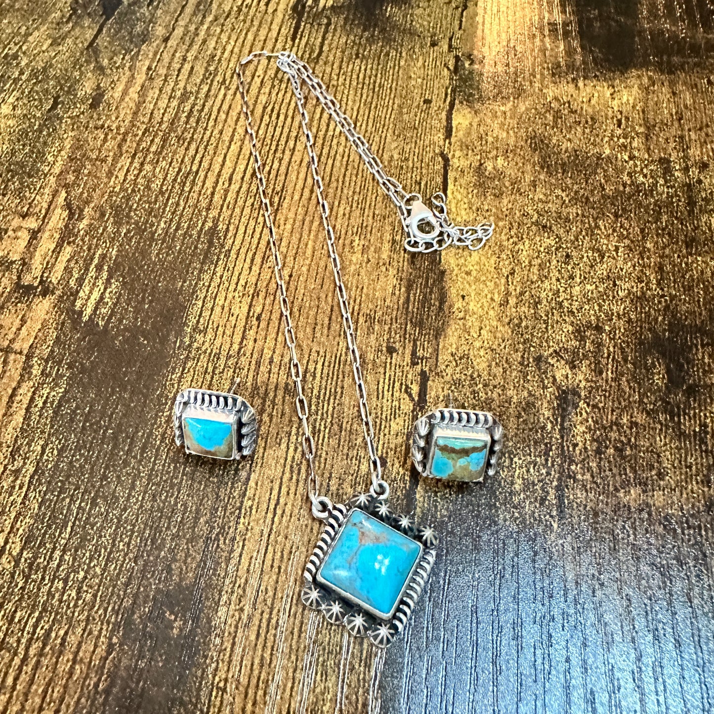 Kingman Turquoise Necklace and Stud Earrings Set, 925 Sterling Silver, Signed