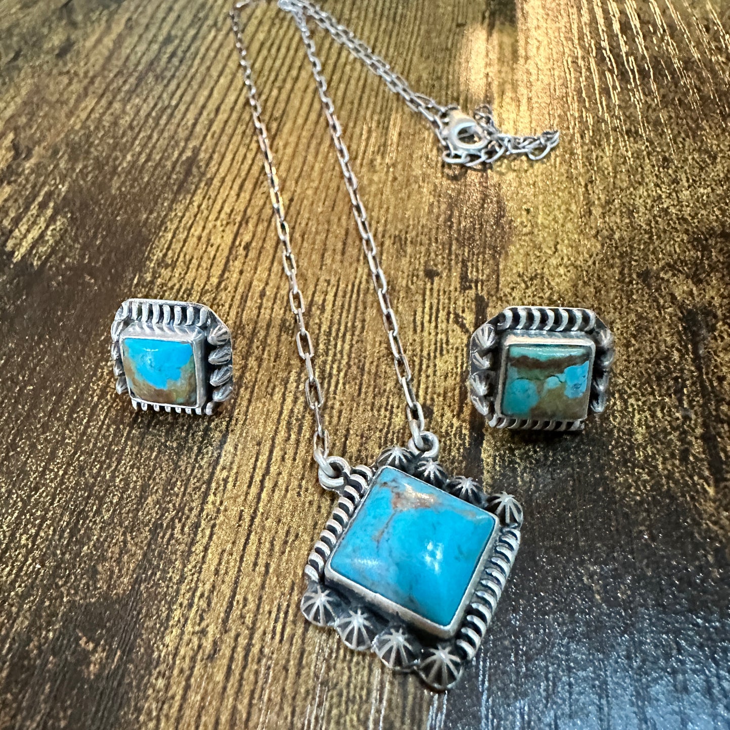 Kingman Turquoise Necklace and Stud Earrings Set, 925 Sterling Silver, Signed