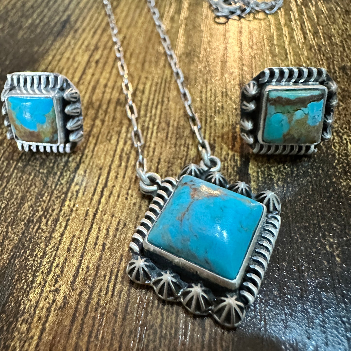 Kingman Turquoise Necklace and Stud Earrings Set, 925 Sterling Silver, Signed