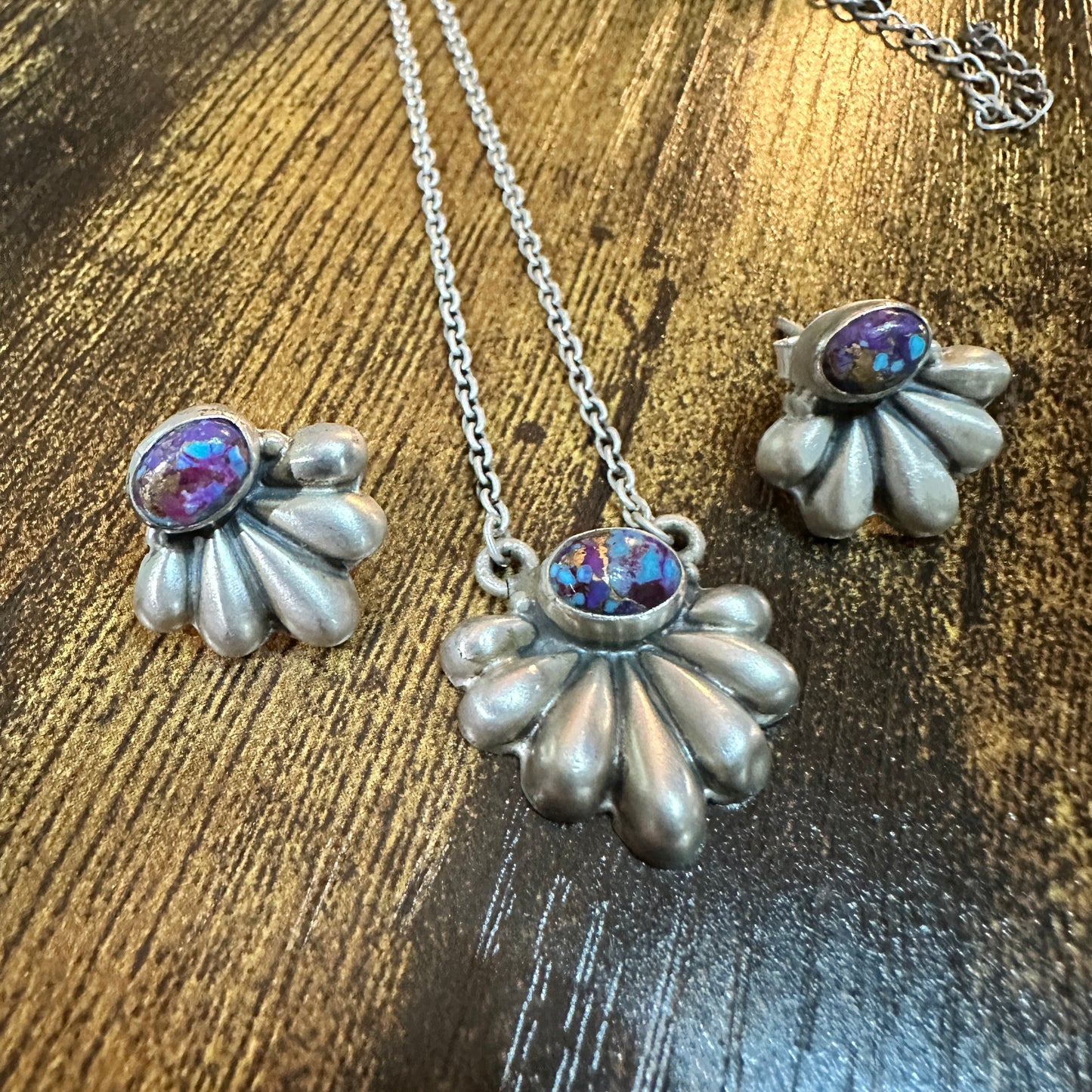 Purple Mojave Turquoise Necklace And Stud Earrings Set, 925 Sterling Silver