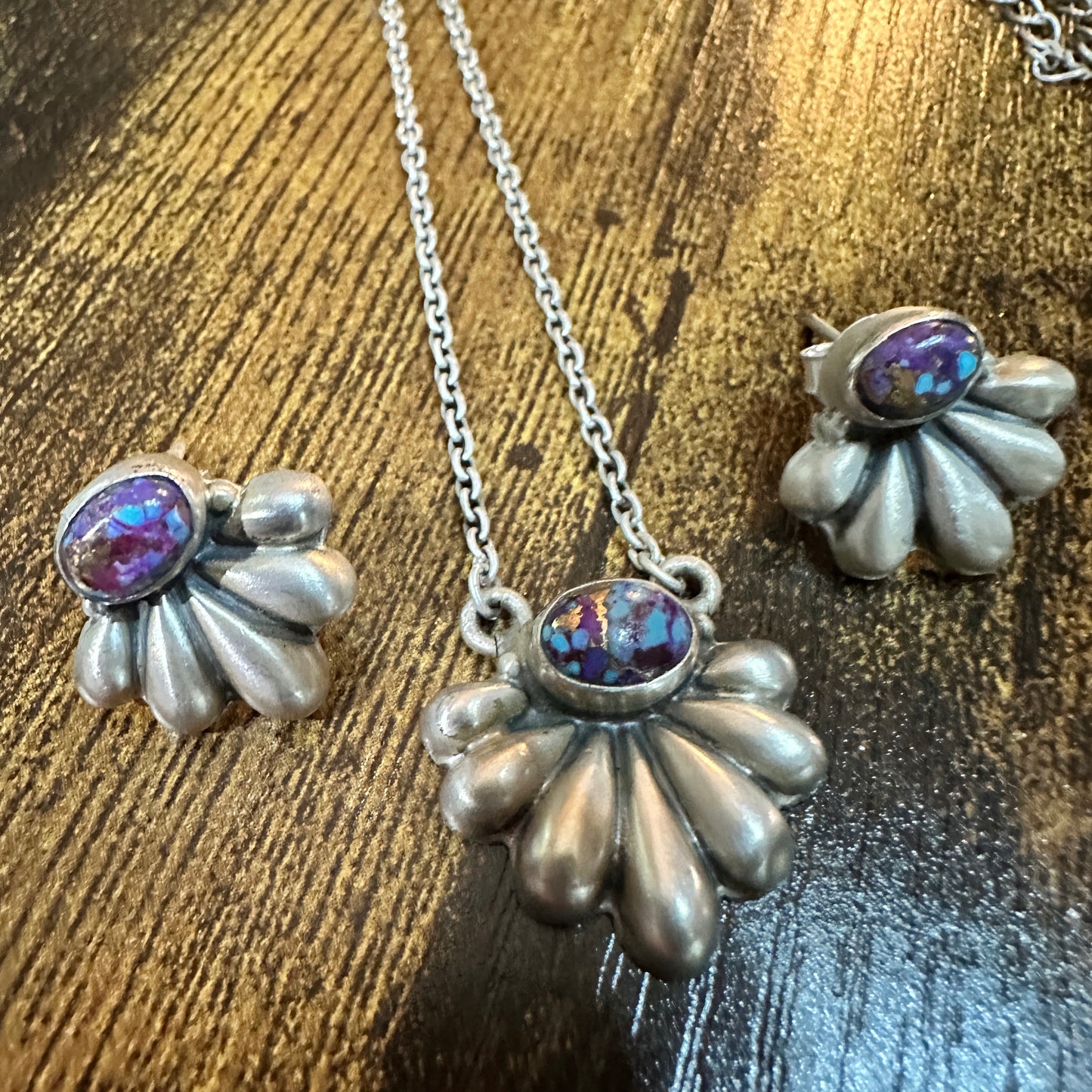 Purple Mojave Turquoise Necklace And Stud Earrings Set, 925 Sterling Silver