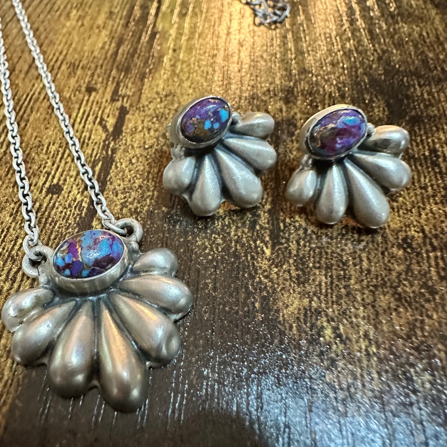 Purple Mojave Turquoise Necklace And Stud Earrings Set, 925 Sterling Silver