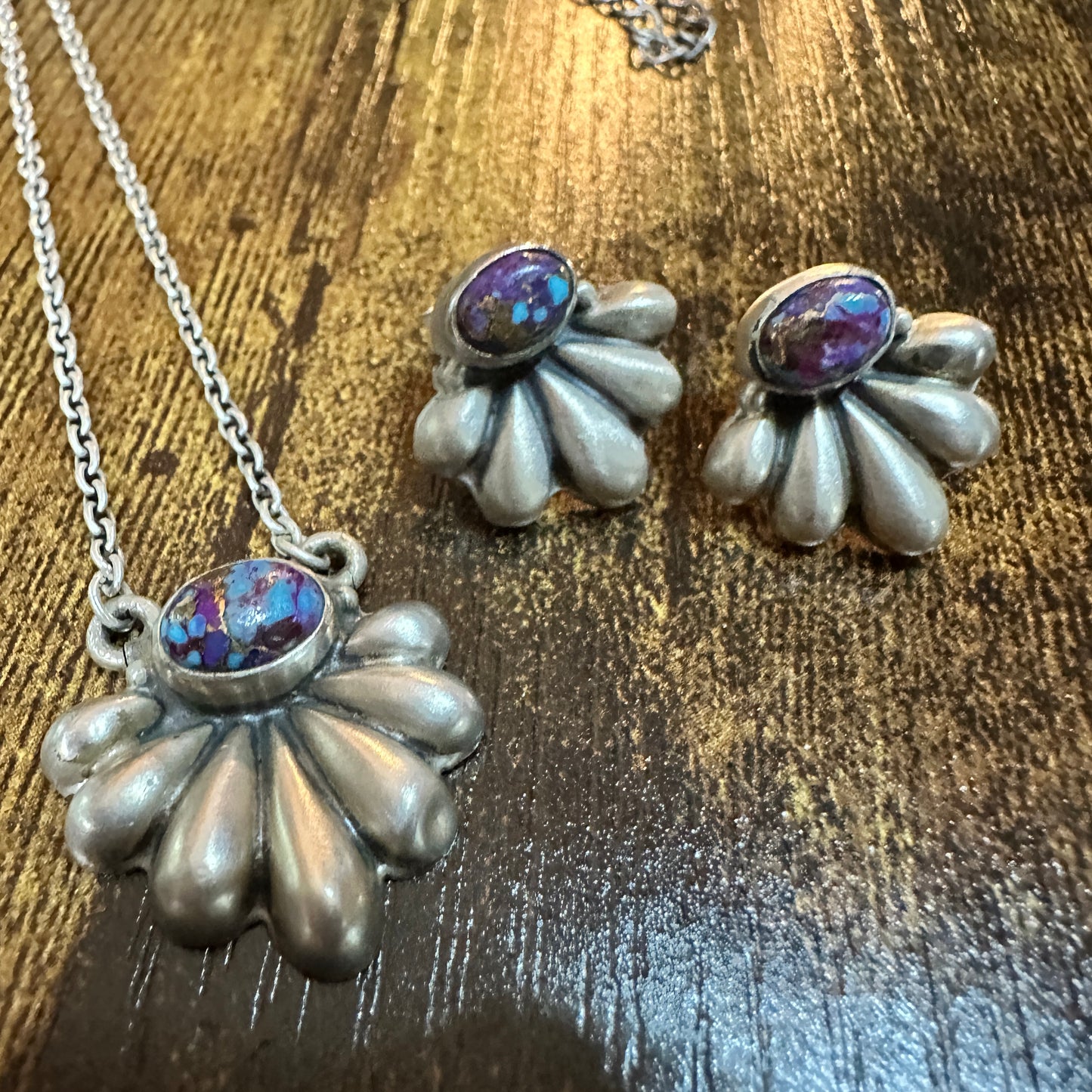 Purple Mojave Turquoise Necklace And Stud Earrings Set, 925 Sterling Silver