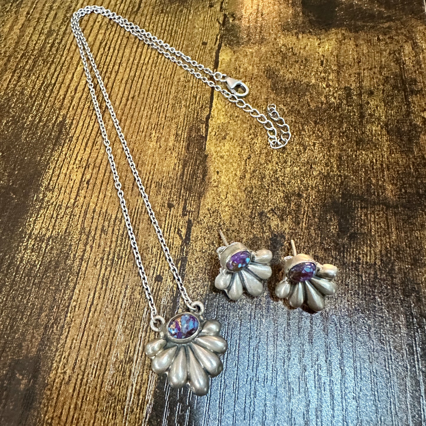 Purple Mojave Turquoise Necklace And Stud Earrings Set, 925 Sterling Silver
