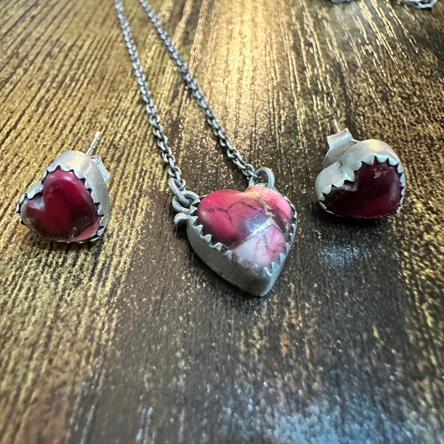 Handmade Red Rose Dahlia Necklace And Earrings Set, 925 Sterling Silver,  Signed