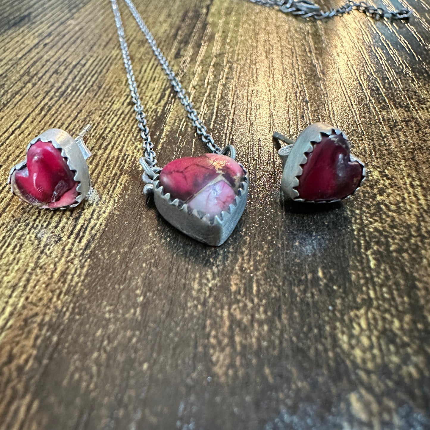 Handmade Red Rose Dahlia Necklace And Earrings Set, 925 Sterling Silver,  Signed