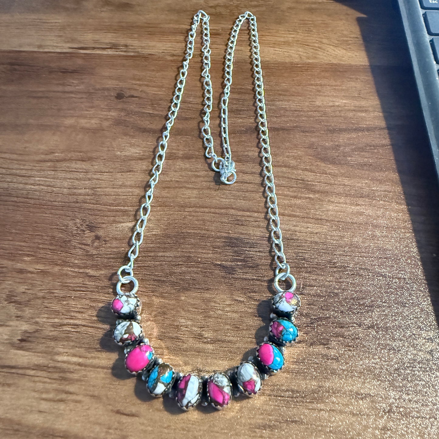 Cotton Candy Dalhia Turquoise Gemstone Necklace Silver